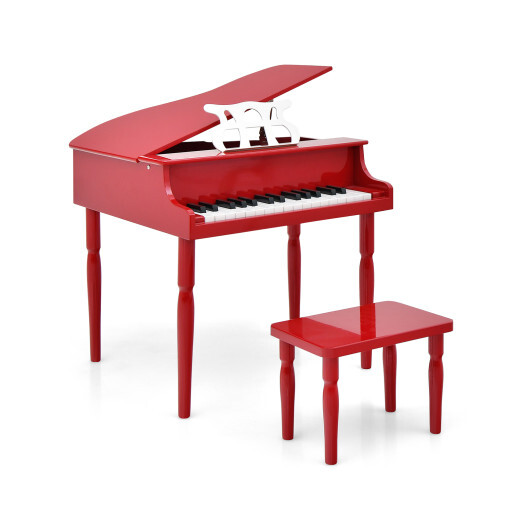 30-Key Wood Toy Kids Grand Piano with Bench and Music Rack-Red - Color: Red