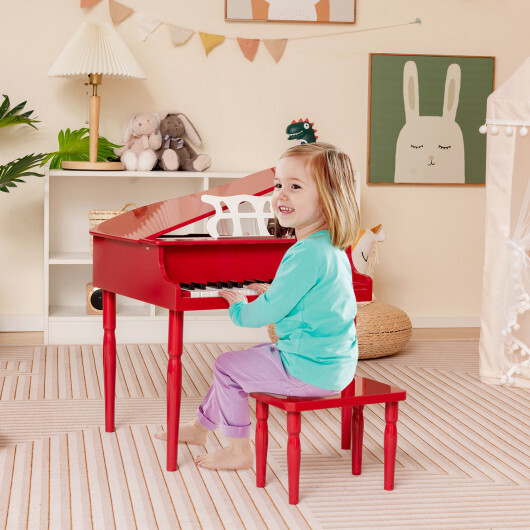 30-Key Wood Toy Kids Grand Piano with Bench and Music Rack-Red - Color: Red